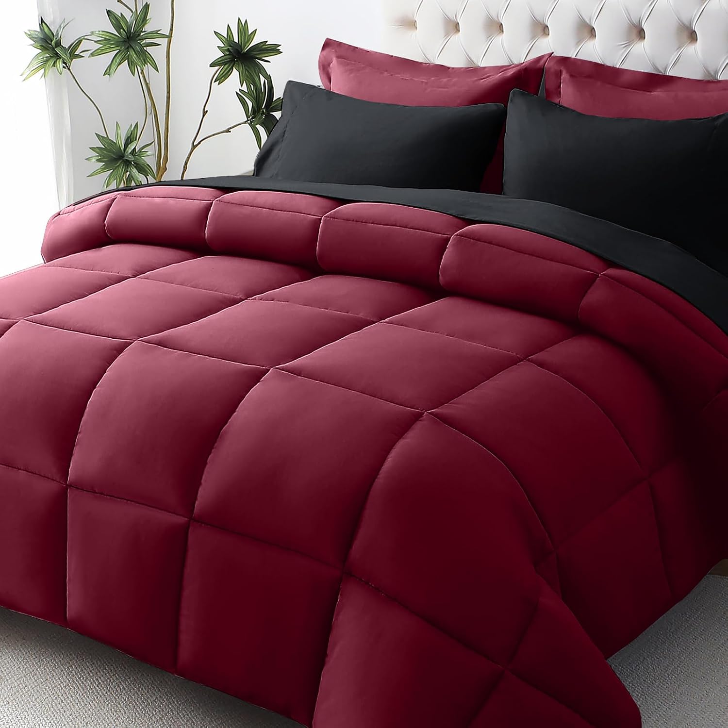 JOLLYVOGUE Twin XL Comforter Set, Ultra-Soft Bed in a Bag Twin XL Size 5 Pieces, Oeko-TEX Certified Bedding Set with Down Alternative Comforter, Sheets, Pillowcases & Shams, Burgundy & Black