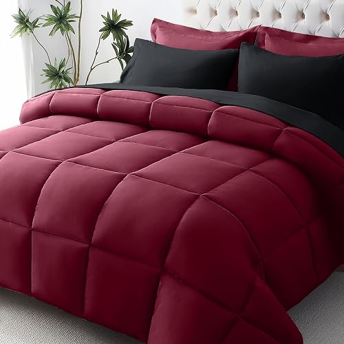 JOLLYVOGUE Queen Comforter Set, Ultra-Soft Bed in a Bag Queen Size 7 Pieces, Oeko-TEX Certified Bedding Set with Down Alternative Comforter, Sheets, Pillowcases & Shams, Burgundy & Black - Burgundy & Black - QUEEN(88"*88")