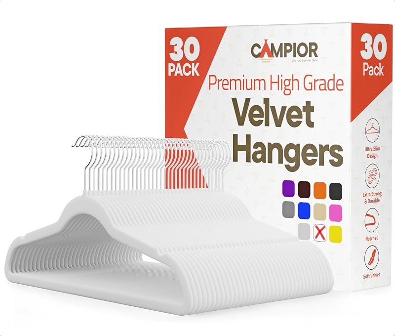 White Velvet Hangers 30 Pack – 360° Swivel Hook, Non-Slip and Space Saving Hangers, Heavy-Duty 11 lbs Weight Capacity - Smooth Velvet Finish for Crease-Free Clothes and Effortless Closet Organization
