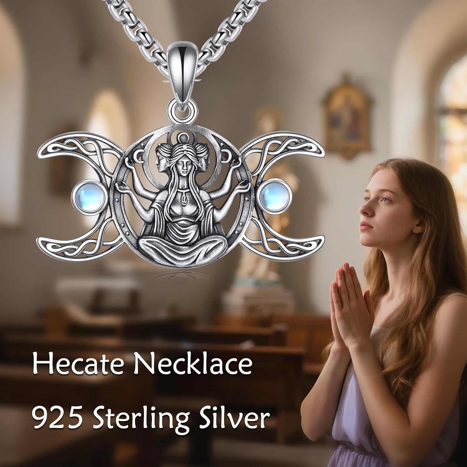 YAFEINI Hecate Necklace S925 Sterling Silver Triple Moon Goddess Pendant Necklace Moonstone Hecate Jewelry Gifts for Women Mom Wife - Image 5