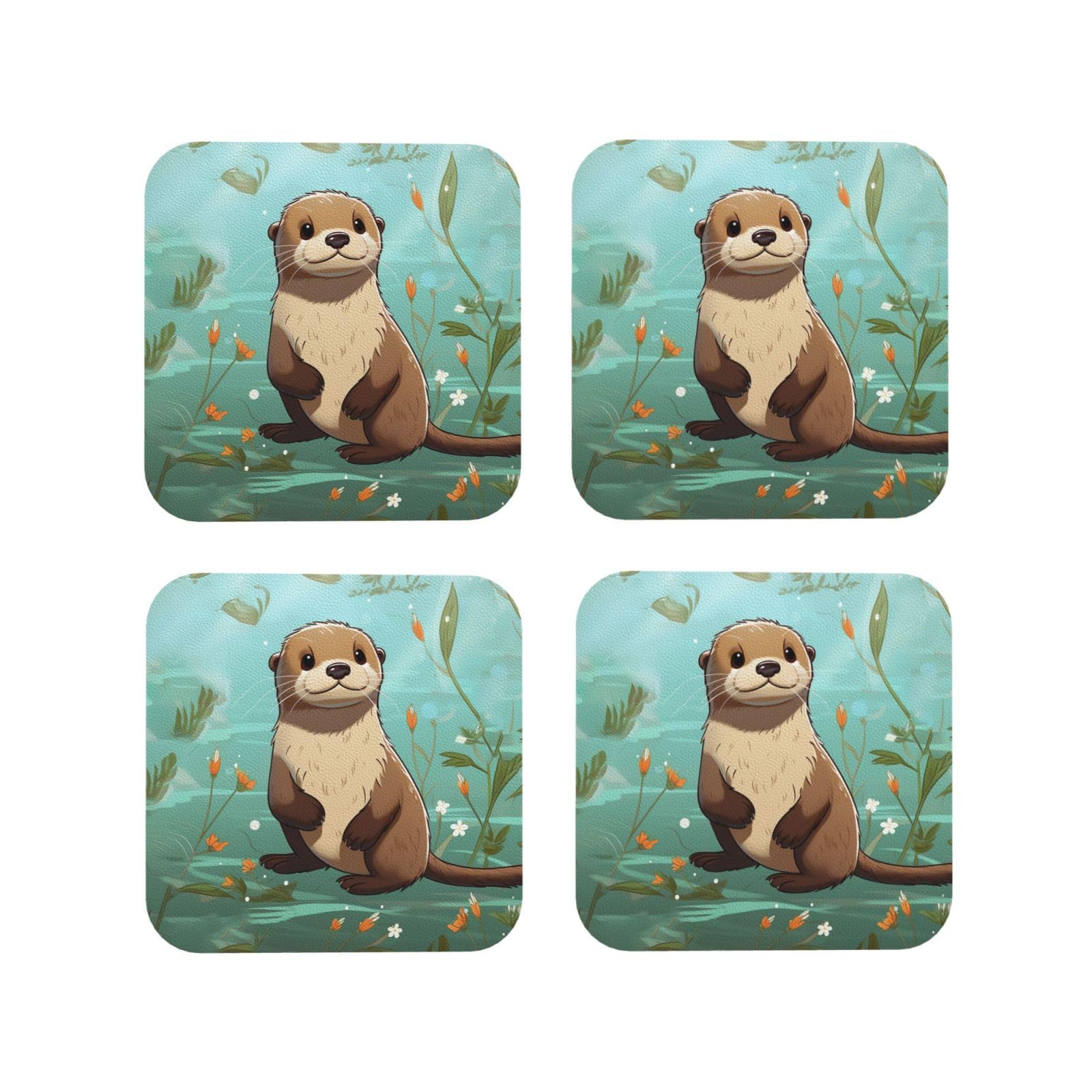 4Pcs PU Leather Coaster for Drinks, Cartoon Cute Otter Cup Coastersr 4" Cup Mat Pad, Aesthetic Drink Coasters for Coffee Table, Square Coaster for Tabletop Protection