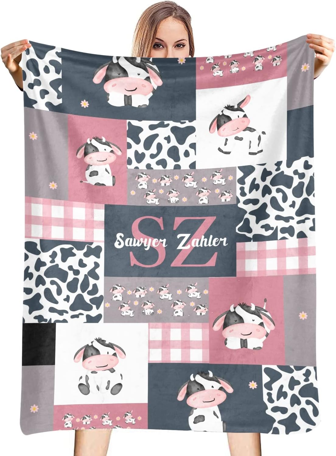 Cute Cows Print Patchwork Personalized Baby Blanket for Girl Boy Soft Warm Newborn Throw Naps Swaddle Custom Blanket 30X40 in 30 * 40 IN