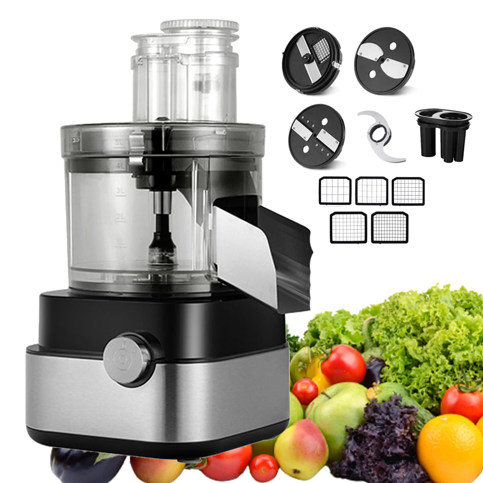 Picadora eléctrica de alimentos con cuenco de acero inoxidable y múltiples cuchillas para rebanar, cortar y triturar eficientemente en la preparación a granel