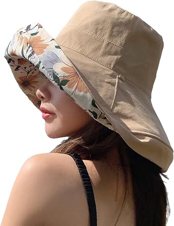 HUAMULAN Women Summer Sun Hat Wide Brim Wired Edge Floral Beach Bucket Hats Reversible Foldable Travel UV Protection Lady Hat