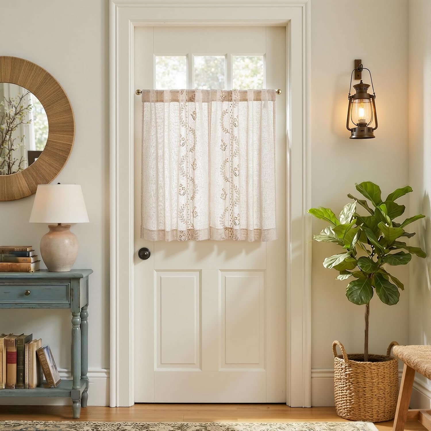 jinchan Belrose Linen Floral Kitchen Curtains 36 inch Length Embroidered Farmhouse Cafe Curtains for Living Room Bathroom Small Windows Curtain Set Sheer Light Filtering 2 Panels Beige