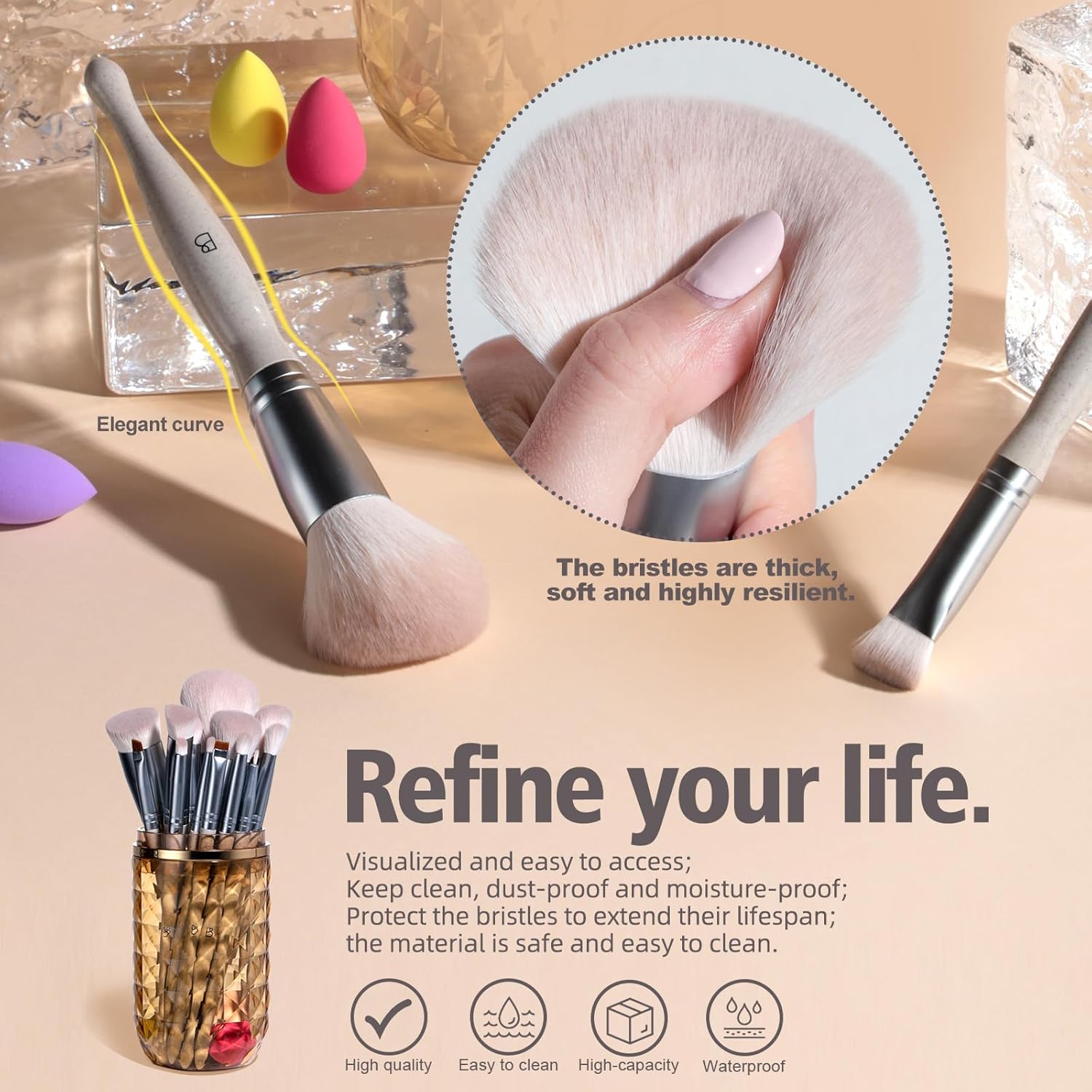 BS-MALL Makeup Brushes Set – Premium 14 Pcs Brush Collection with 4 Pcs Mini Sponges & Case, Perfect for Travel, Complete Beauty Tools for Women (Wheat straw)