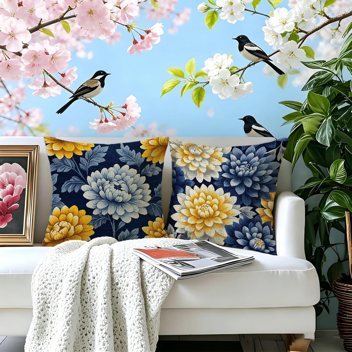 Kissenbezug 65x65cm Outdoor Kissen 2er Set Blume Blau Leinen Dekokissen