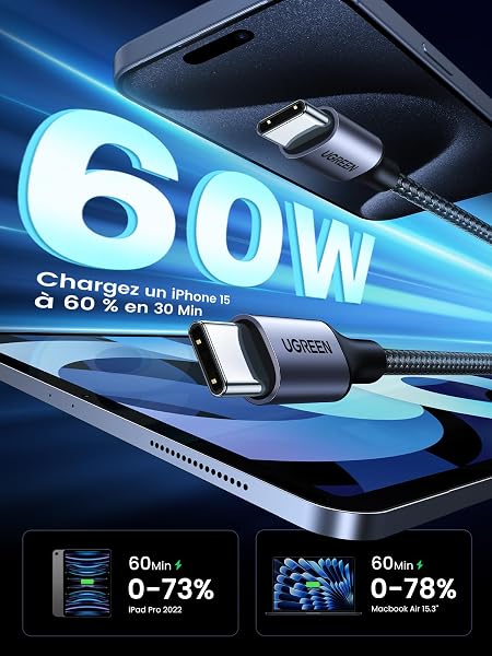 UGREEN Câble USB C vers USB C PD Charge Rapide 60W Nylon Tressé Compatible avec iPhone 17 Pro Max Air 16 Galaxy S26 S25 Plus Ultra S23 A05S A35 A55 Redmi iPad Pro Air MacBook (1M) - 2