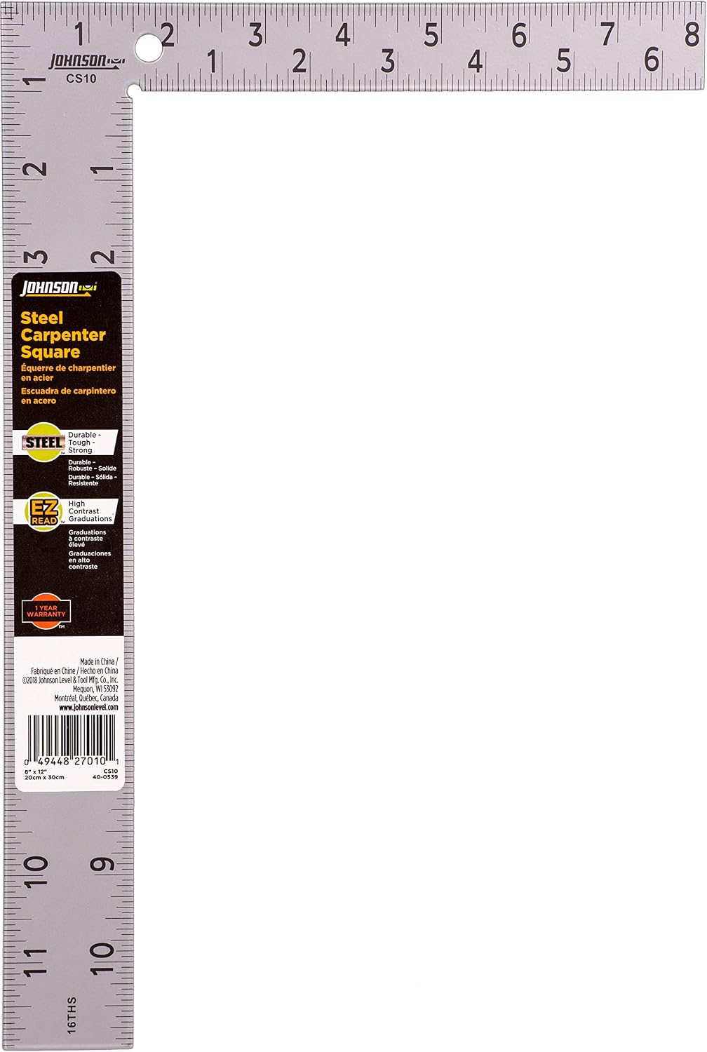 Johnson Level & Tool CS10 Professional Easy-Read Steel Carpenter Square, 8" x 12", Silver, 1 Square