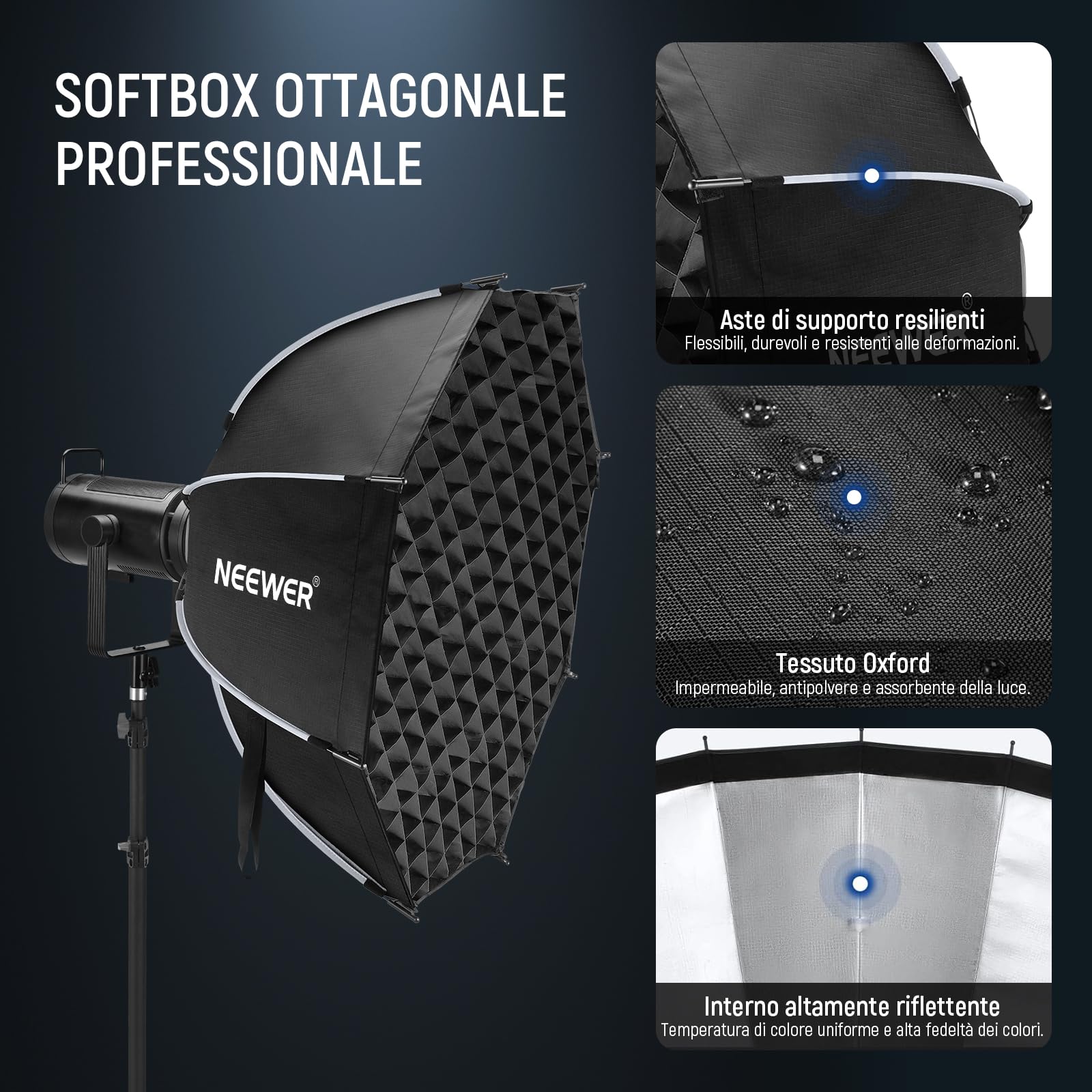 NEEWER Softbox Parabolico Ottagonale da 90cm, Soft Box Bowens Compatibile con Aputure 120d Compatibile con Godox SL60w Q4 AS600B CB300B Q300 Luce, Diffusori, Griglia, Borsa e Panno da Pulizia, NS92P