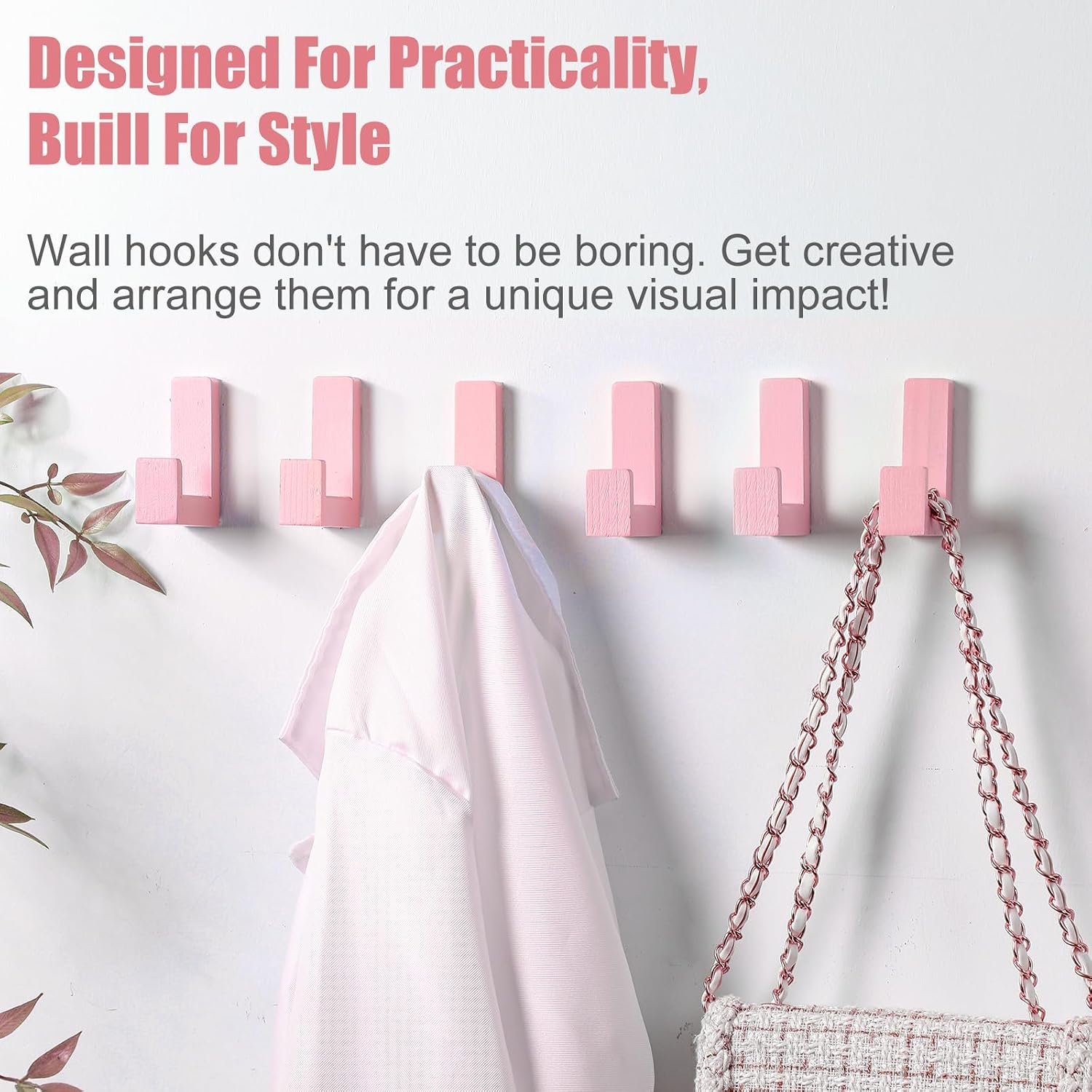 Teenyyou 6 Pack Cute Kids Coat Wall Hooks Wooden Adhesive Decorative Colorful Wall Mounted Hangers Backpack Hooks for Hanging Keys Towel Clothes Bathroom Organization(Pink)