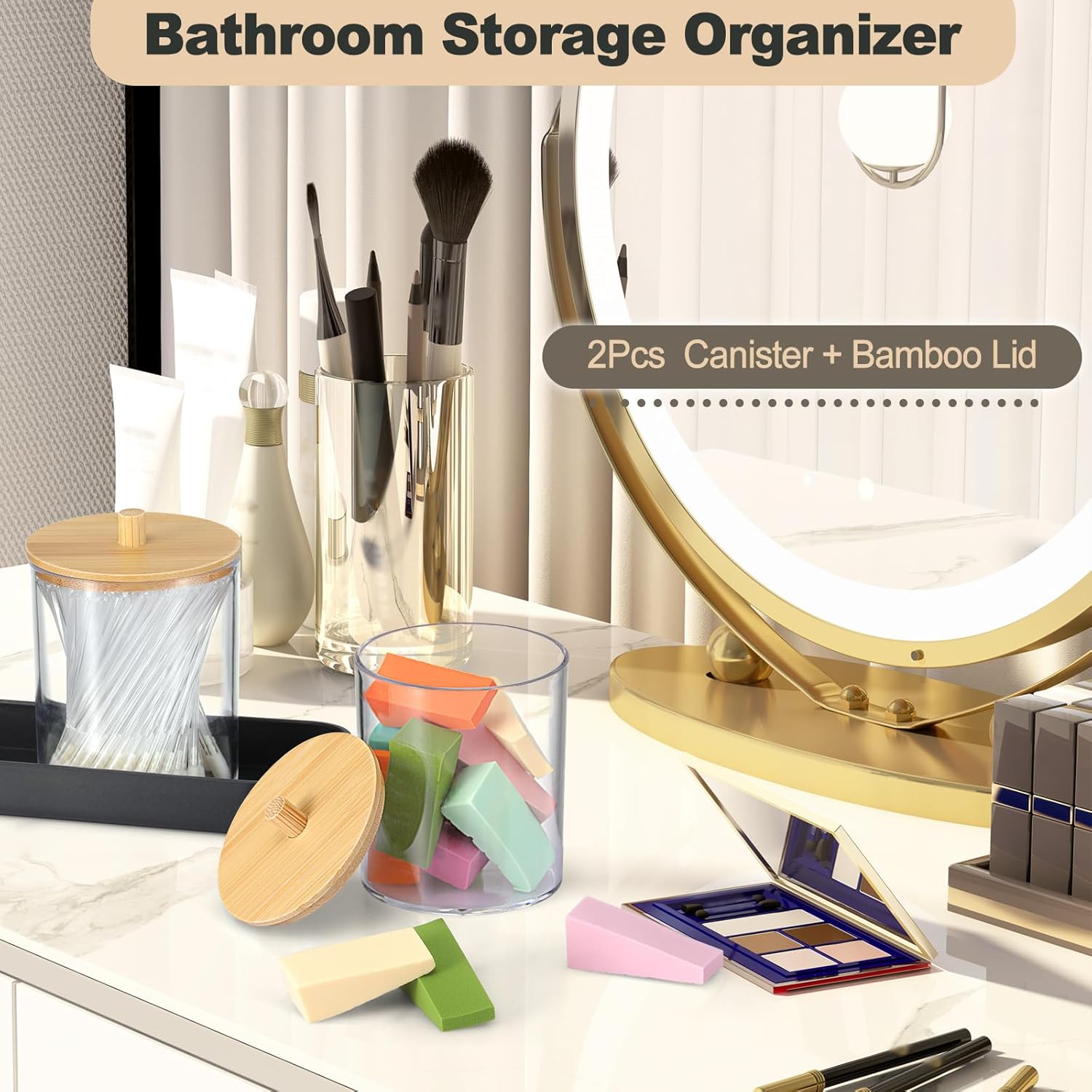 LMDO 9Pieces Bathroom Accessories Set, Black and Bamboo Lid Including Toilet Brush, Trash Can, Toothbrush Holder, Soap Dispenser, Soap Dish, Bathroom Tumbler, Bathroom Tray and Qtip Holder x 2 pcs