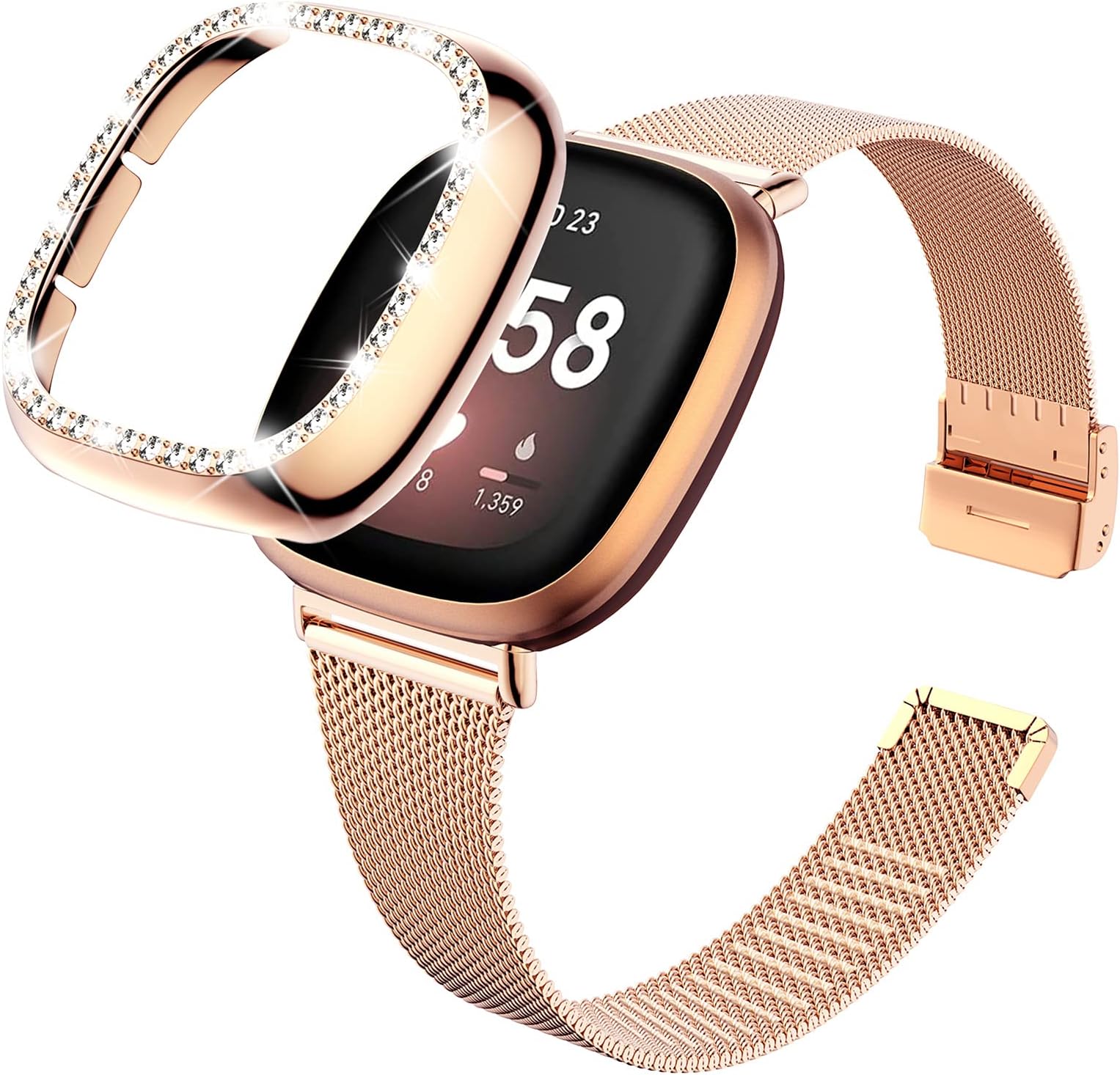 XYF Compatible for Fitbit Sense/ Fitbit Versa 3 Band with Bling Bumper,Women Stainless Steel Metal Mesh Loop Strap Replacement Band with Shiny Case Cover for Fitbit Versa3 / Fitbit Sense