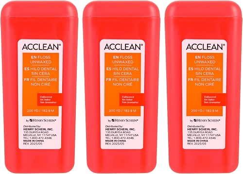 Acclean Dental Floss, Shred-Resistant Nylon, Unwaxed Floss, 200 Yards, Unflavored,