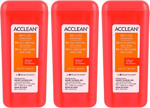 Acclean Dental Floss, Shred-Resistant Nylon, Unwaxed Floss, 200 Yards, Unflavored, Office Spool Dispenser 3 Pack