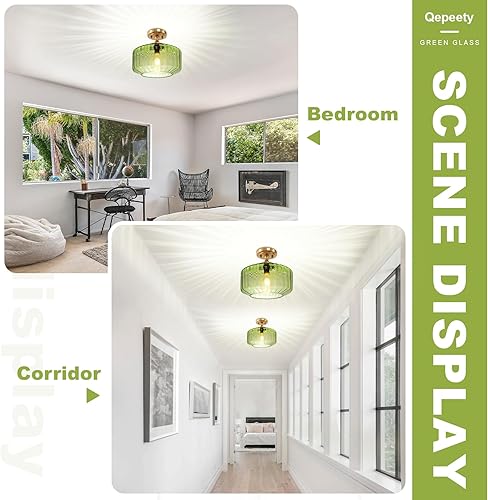 Miniatura 3 de Lámpara de techo de latón moderna de mediados de siglo, color verde, cerca del techo, luz de techo para entrada, chandelie dorada para pasillo,