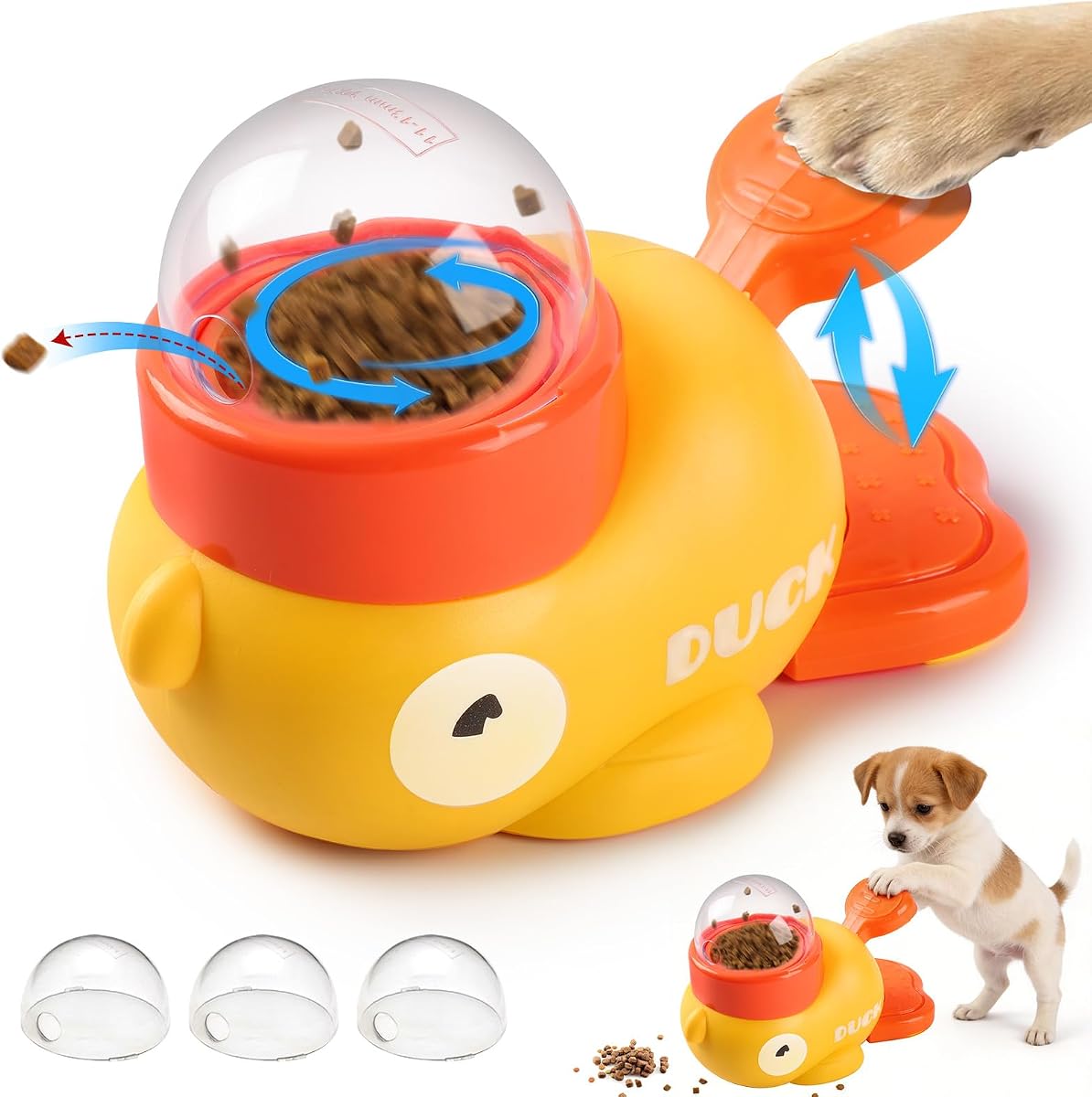 Juguete dispensador interactivo de golosinas para perros, 2026 nuevo alimentador de rompecabezas con forma de pato, dispensador interactivo de comida para perros con botón y diseño giratorio, juego de alimentación lenta para perros y gatos