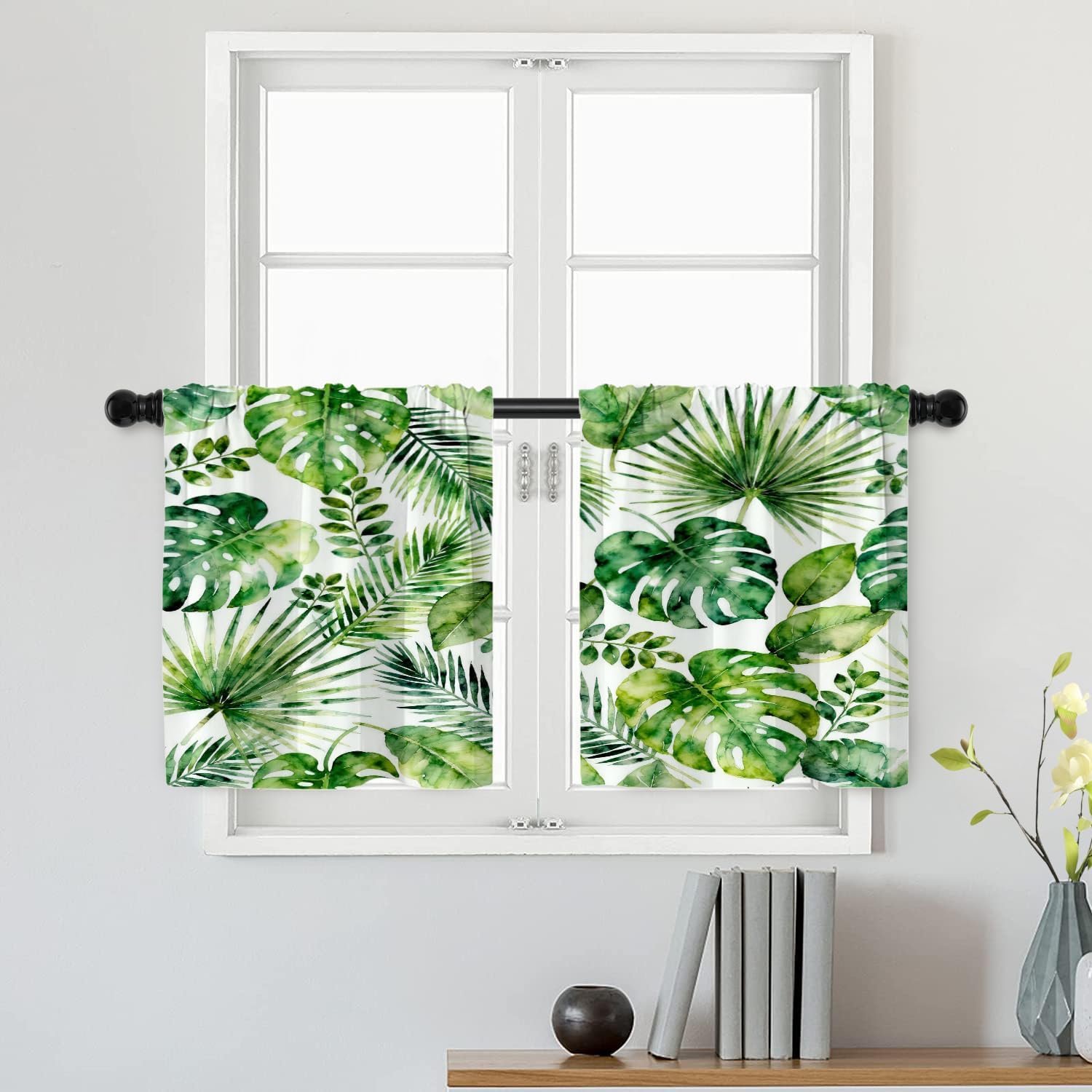 Batmerry Tropical Leaves Watercolor Kitchen Tiers Window Half Valances, Green Watercolor Leaves Seamless Pattern Kitchen Tiers for Windows Drapes for Decor Reducing The Light,26x24 inch Set of 2