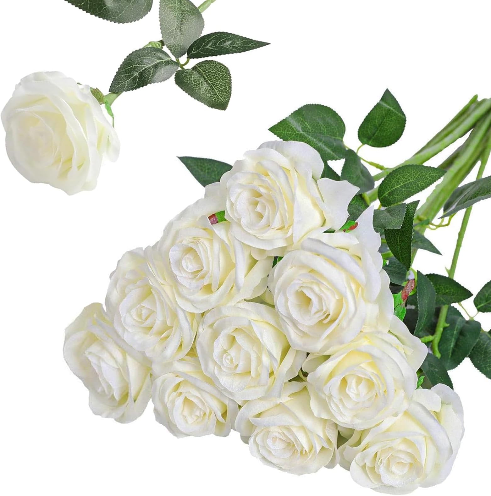 Nubry Artificial Silk Rose Flower Bouquet Lifelike White Fake Rose for Wedding Home Party Decoration Event Gift 10pcs (Off White)
