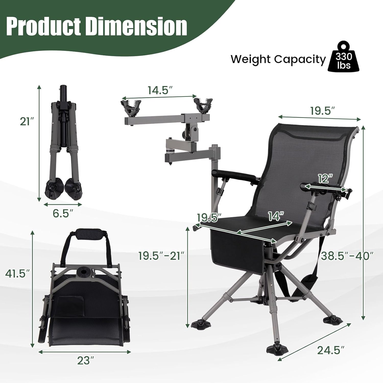 GYMAX Hunting Chair with Gun Rest, 360° Swivel Hunting Blind Chair w/Adjustable Height & Armrest, All-Terrain Duck Feet, Shoulder Strap, 330 LBS Folding Outdoor Ground Blind Seat