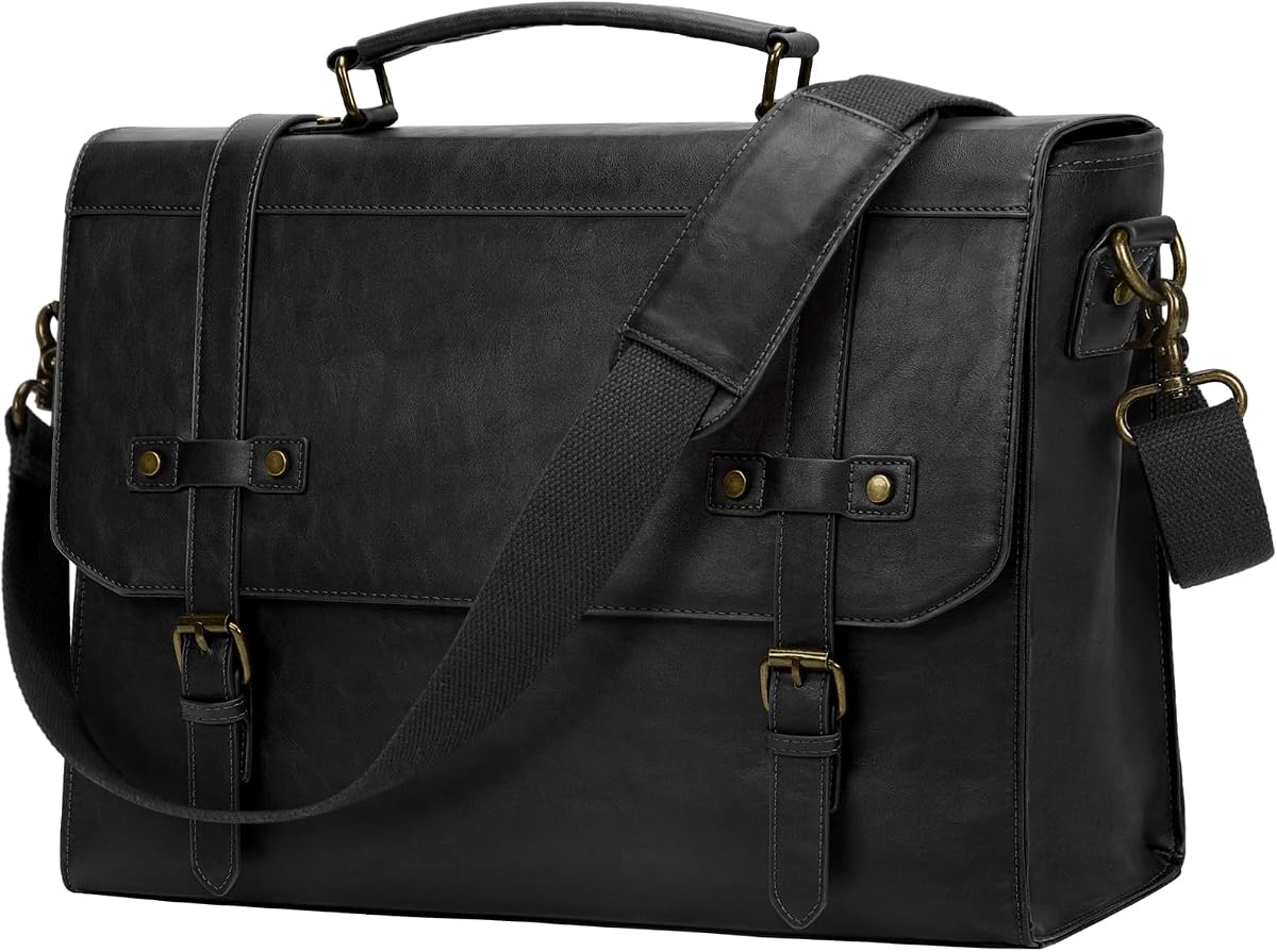RAINSMORE Bolso Bandolera para Hombre Maletín para Computadora Portátil De Cuero Vintage Impermeable De 18 Pulgadas Bolso Grande para Computadora Portátil Bolso Bandolera para Computadora para Oficina, Negocios, Viajes, Universidad,Negro