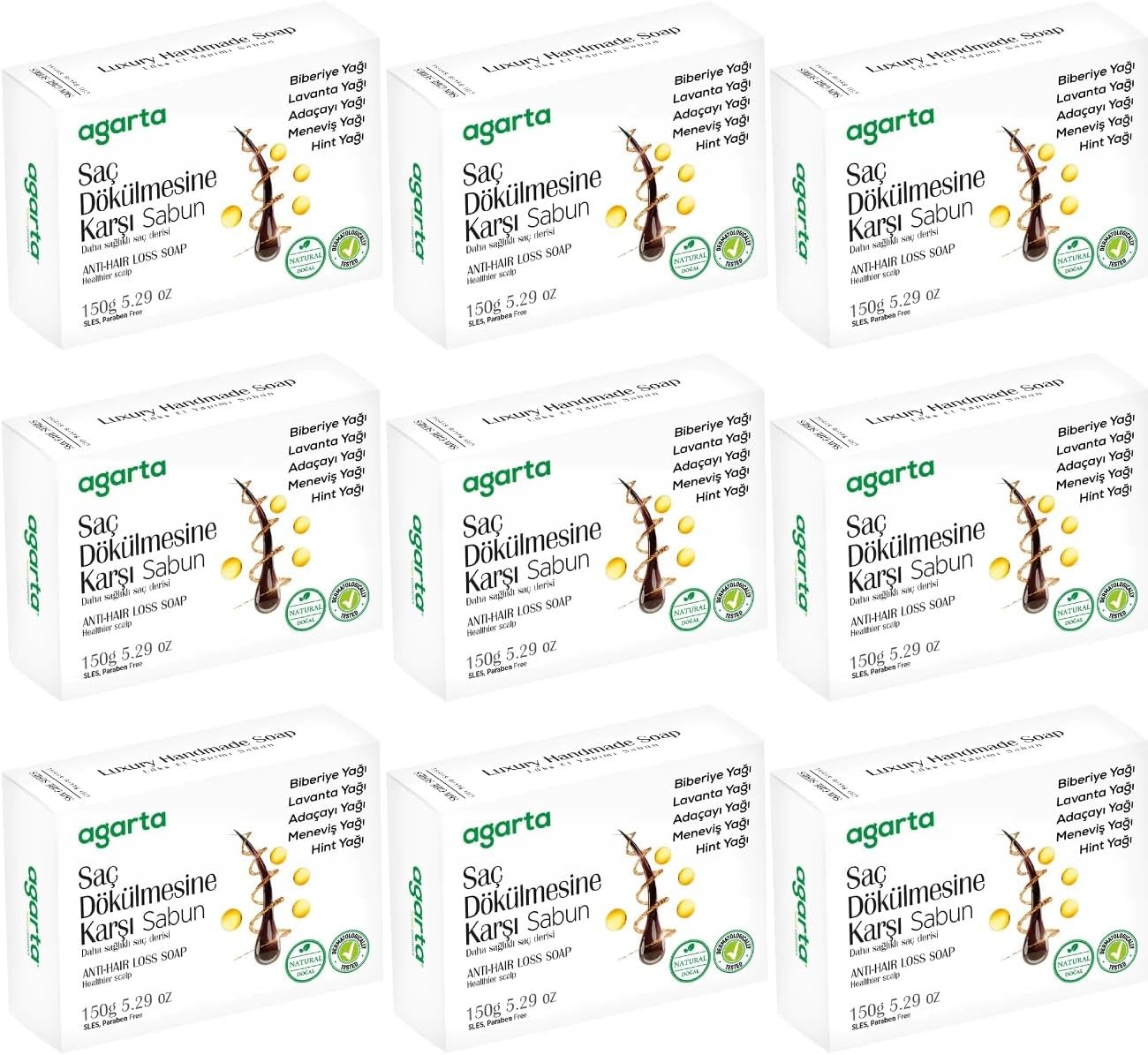 Agarta Saç Dökülmesine Karşı El Yapımı Doğal Sabun, 150g, 9'lu Set