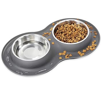 Kulmeo Dog Food Bowl Cat Food Bowls Stainless Steel Dog Food and Water Bowls with Non Skid Silicone Mat Spill Proof Puppy Bowl 14oz (M, Grey)