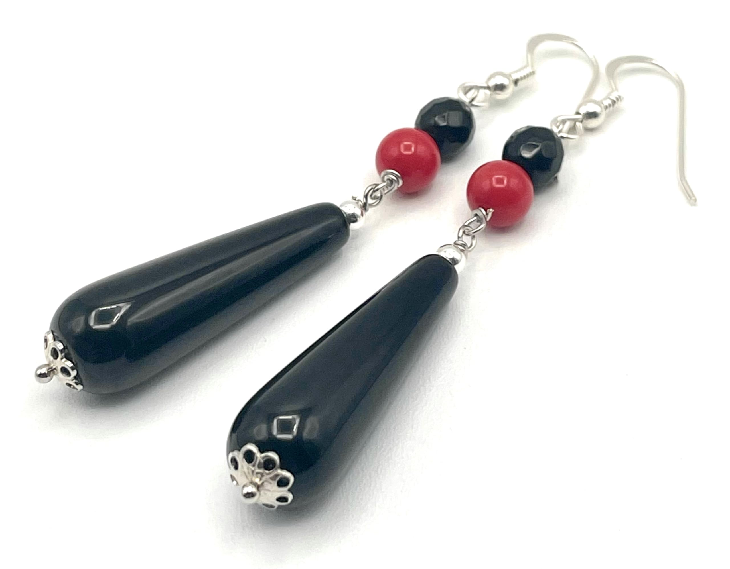 Orecchini in Onice Nero e Corallo Rosso, Pendenti Lunghi in Argento 925, Gioielli Pietre Dure, Bijoux Artigianali, Regalo per Lei