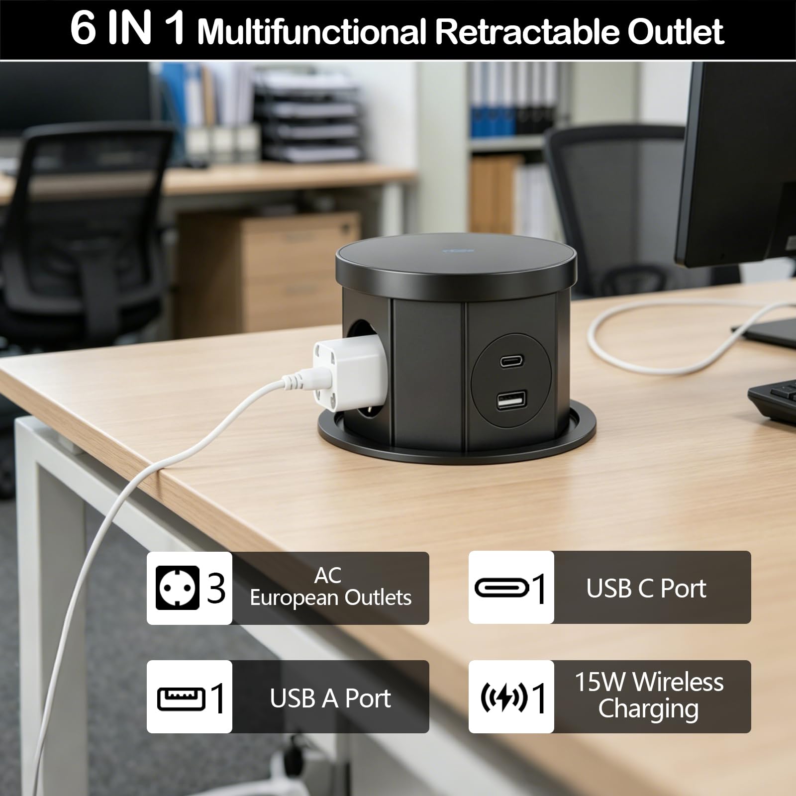 Enchufe Retráctil de 3 Enchufes, Regleta Empotrable Mesa con 15W de Carga Inalámbrica, USB C y USB A, Toma Empotrable Escritorio para Oficia, Casa y Cocina, Cable de 1,5M