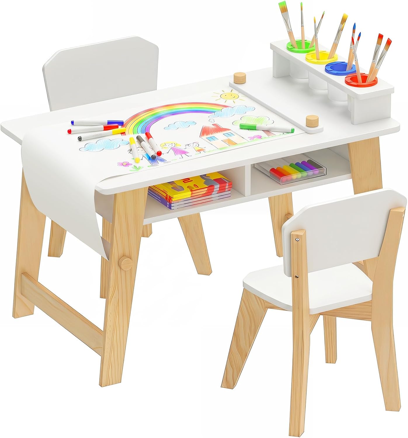 Olakids Kids Art Table and Chair Set, Wooden Multi Activity Desk with Roll Paper 2 Storage Shelves 4 Paint Cups, Toddler Furniture for Crafts Arts Playing Drawing