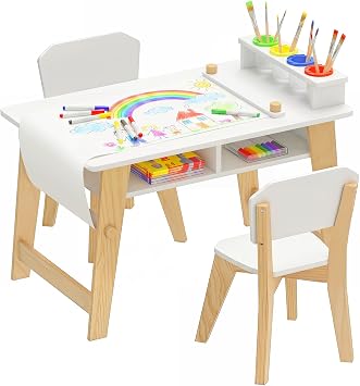 Olakids Kids Art Table and Chair Set, Wooden Multi Activity Desk with Roll Paper 2 Storage Shelves 4 Paint Cups, Toddler Furniture for Crafts Arts Playing Drawing