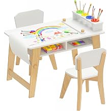 Olakids Kids Art Table and Chair Set, Wooden Multi Activity Desk with Roll Paper 2 Storage Shelves 4 Paint Cups, Toddler Furniture for Crafts Arts Playing Drawing