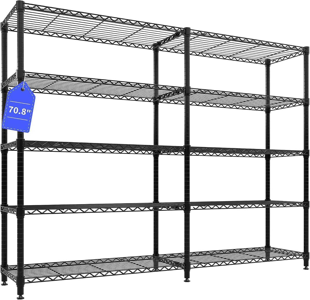 Garvee Estantes de almacenamiento de 71 pulgadas de ancho, estanterías de metal de 5 niveles, 1325 libras | Estantería de alambre ajustable y resistente, de pie/en forma de L, uso para garaje, cocina, despensa, almacén, negro