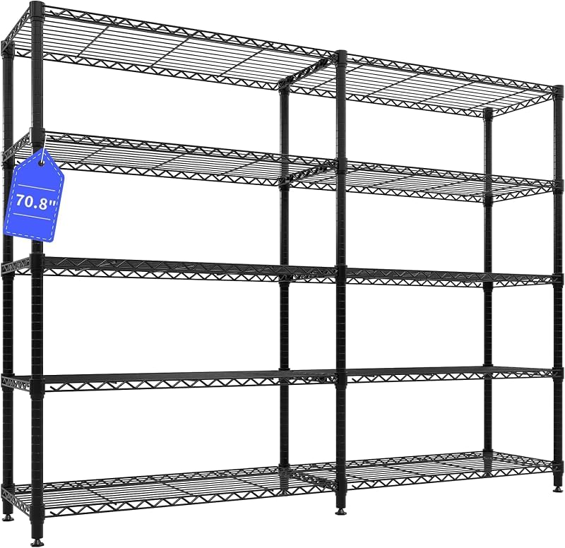 Garvee Estantes de almacenamiento de 71 pulgadas de ancho, estanterías de metal de 5 niveles, 1325 libras | Estantería de alambre ajustable y resistente, de pie/en forma de L, uso para garaje, cocina, despensa, almacén, negro