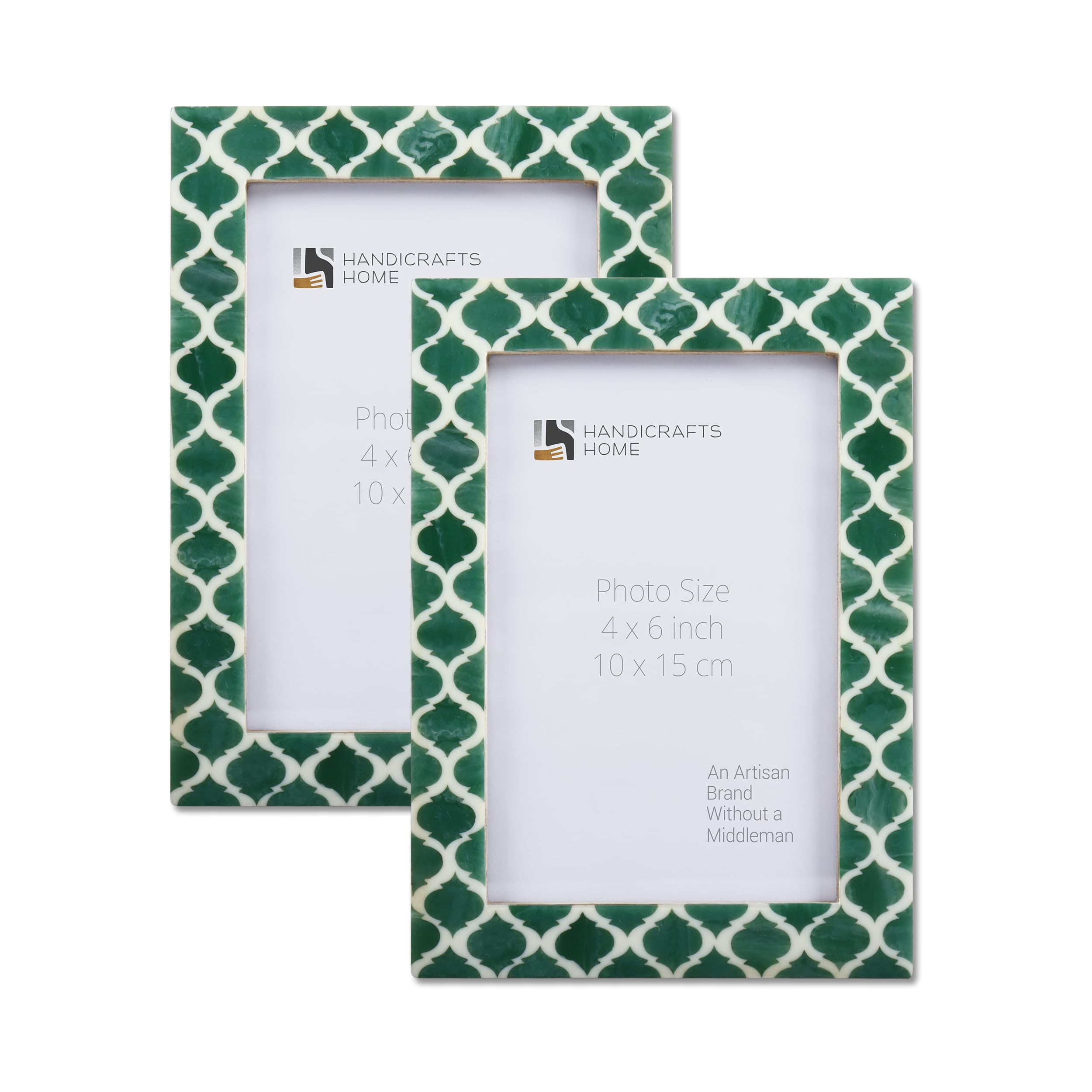 Handicrafts Home Emerald Green Green & White Vintage Photo Frames For Wall Or Tabletop Display, 4X6 Picture Frame Set Of 2,Boho Farmhouse Gallery Wall Frame Set, Artisan Handmade Home Decor, Handmade Moroccan Frame