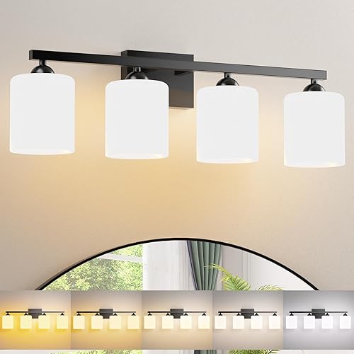Miniatura 143 de Quntis Lámparas de baño negras de 4 luces con 5 modos de color, lámpara de tocador moderna regulable de 27 pulgadas sobre espejo, lámpara de pared