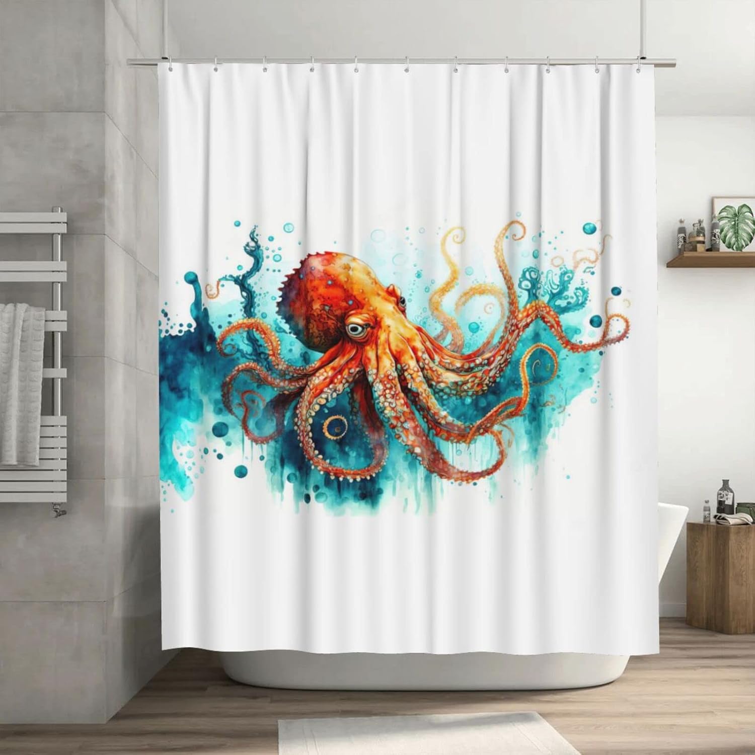 Lgihqey Octopus Shower Curtain Ocean Watercolor Orange