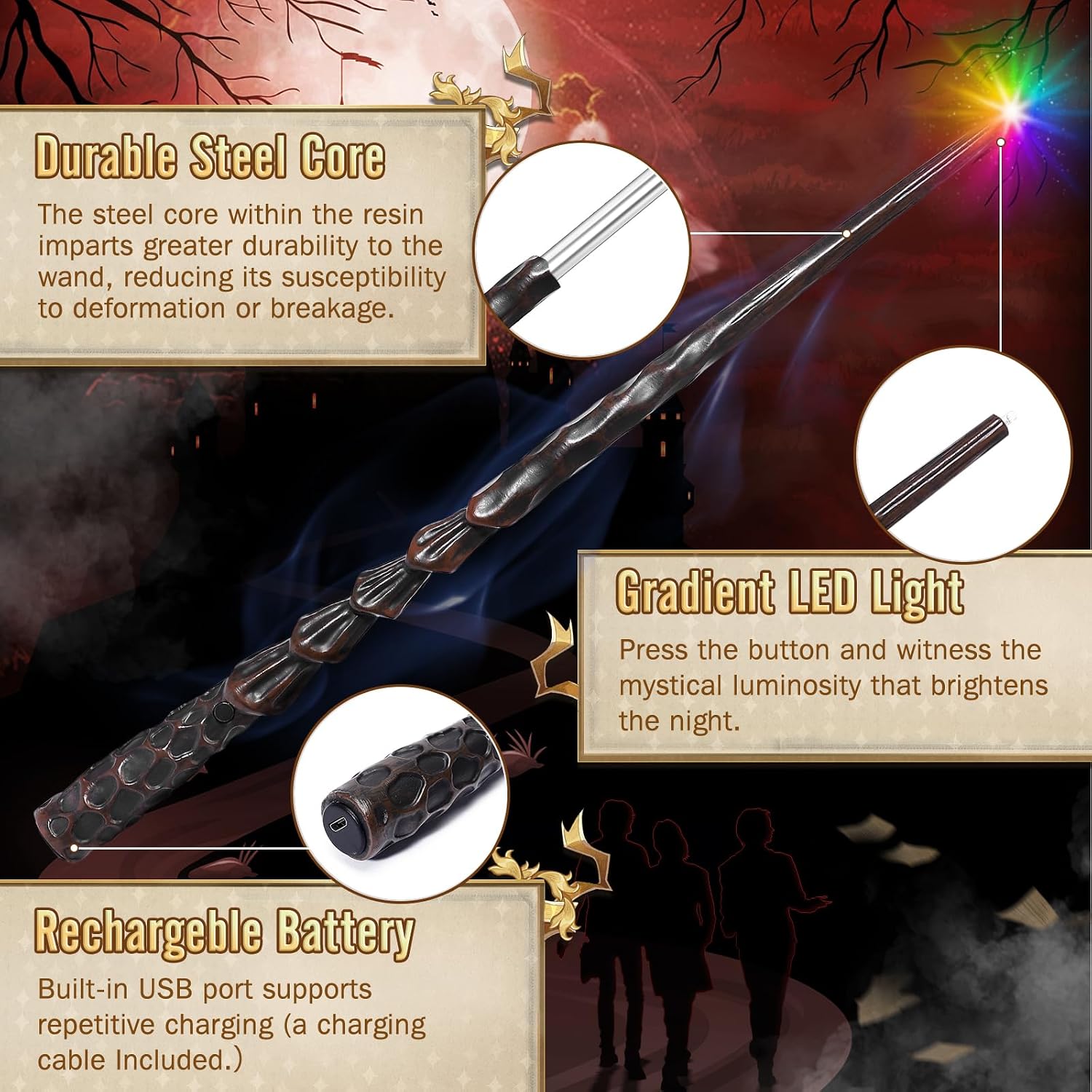 Rechargeable Light Up Wizard Wand with Gradient Lighting, Illuminating Witch Toys with Gift Box, for Kids Cosplay Collections, Seedpod image 3