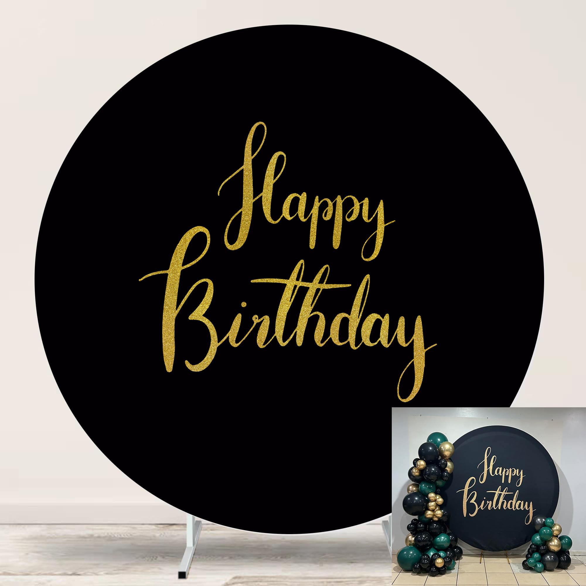 Jditngp 6.5ftx6.5ft Gold Happy Birthday Sign Round Backdrop Cover,Black Round Backdrop Cover Happy Birthday Party Decoration Black Circle Background