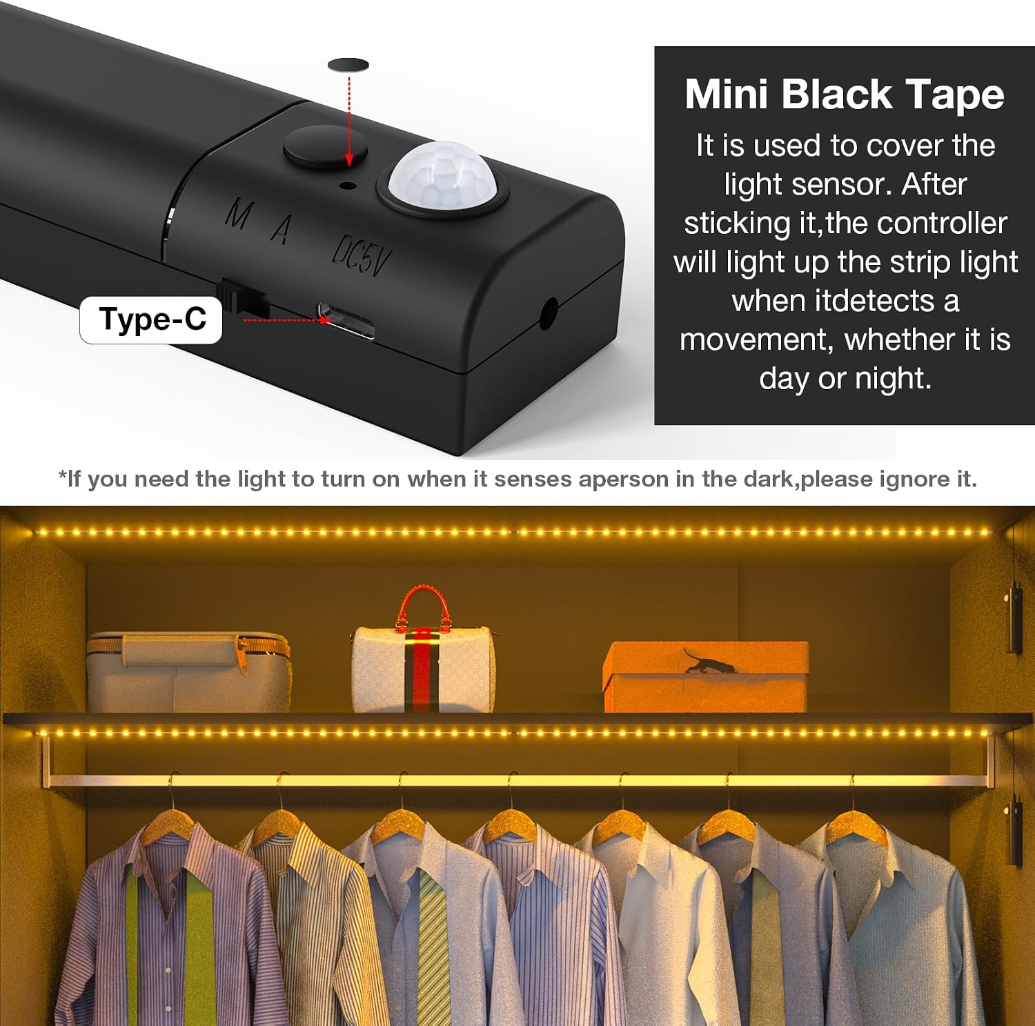 Close-up of the control box showing the light sensor and a piece of mini black tape used to cover it, with text explaining its purpose.