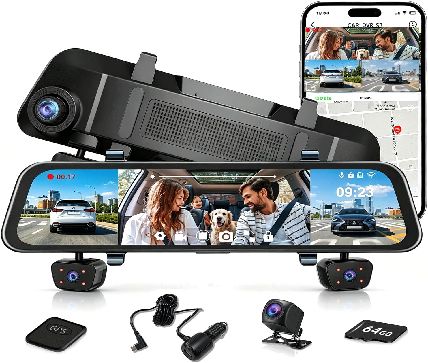 4-Channel Mirror Dash Cam, 12" IPS Touch, 5.8GHz WiFi GPS, 64GB SD Card