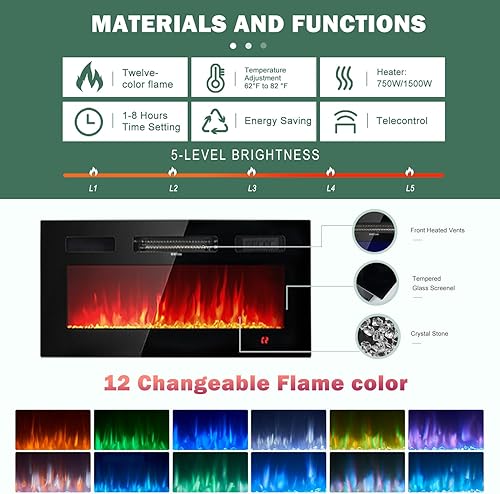 Miniatura 5 de oneinmil Soporte de consola de TV de 2 niveles con chimenea eléctrica de 36 pulgadas, centro de entretenimiento con luz LED para televisores de