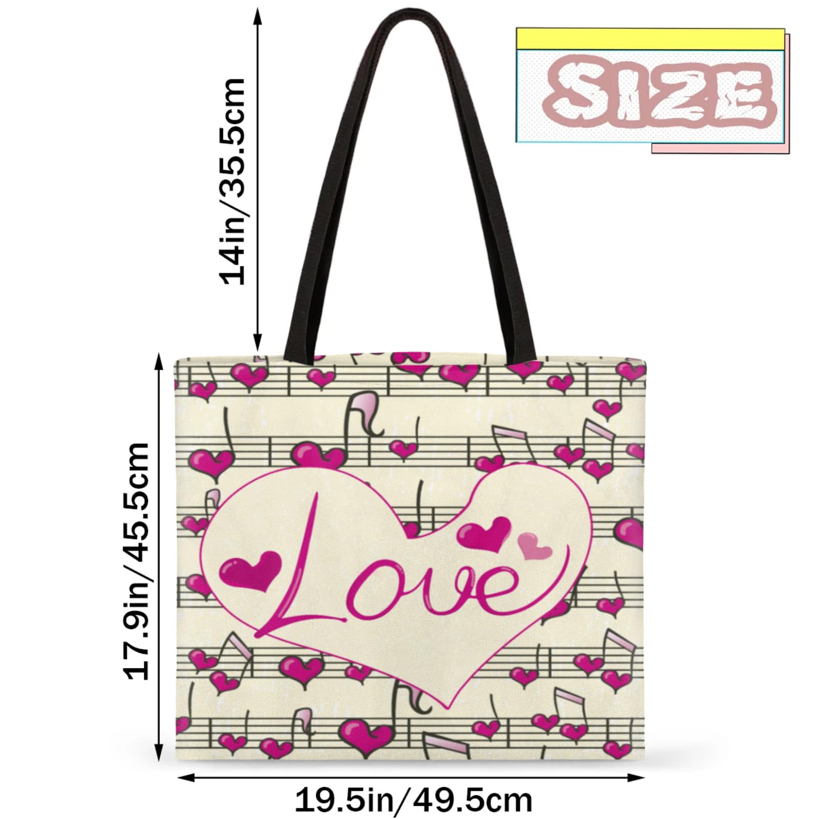 Love Musical Notes Square Canvas Tote Bag Top Handle Purses Stylish Women Canvas Shoulder Tote Bags Reusable Handbags for Work Travel Picnic Beach Shopping Gym Hiking