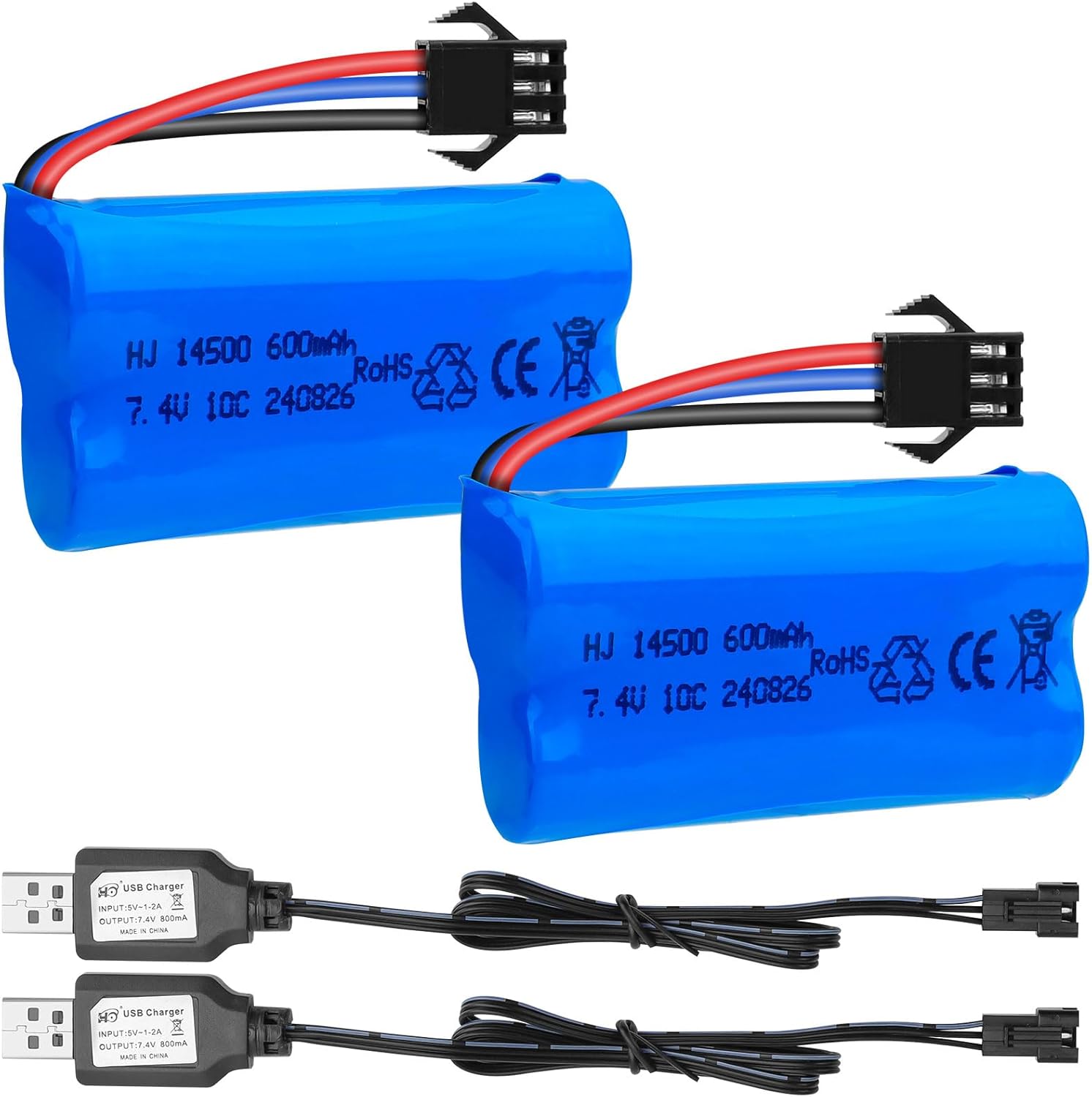 Crazepony 7.4V 600mAh Li-ion Battery 2PCS 2S Rechargeable Battery with SM-3P Plug and USB Charger Cable for G03060R New Version Amphibious RC Trucks G20601 TK3086B DE82 RC Toy RC Car