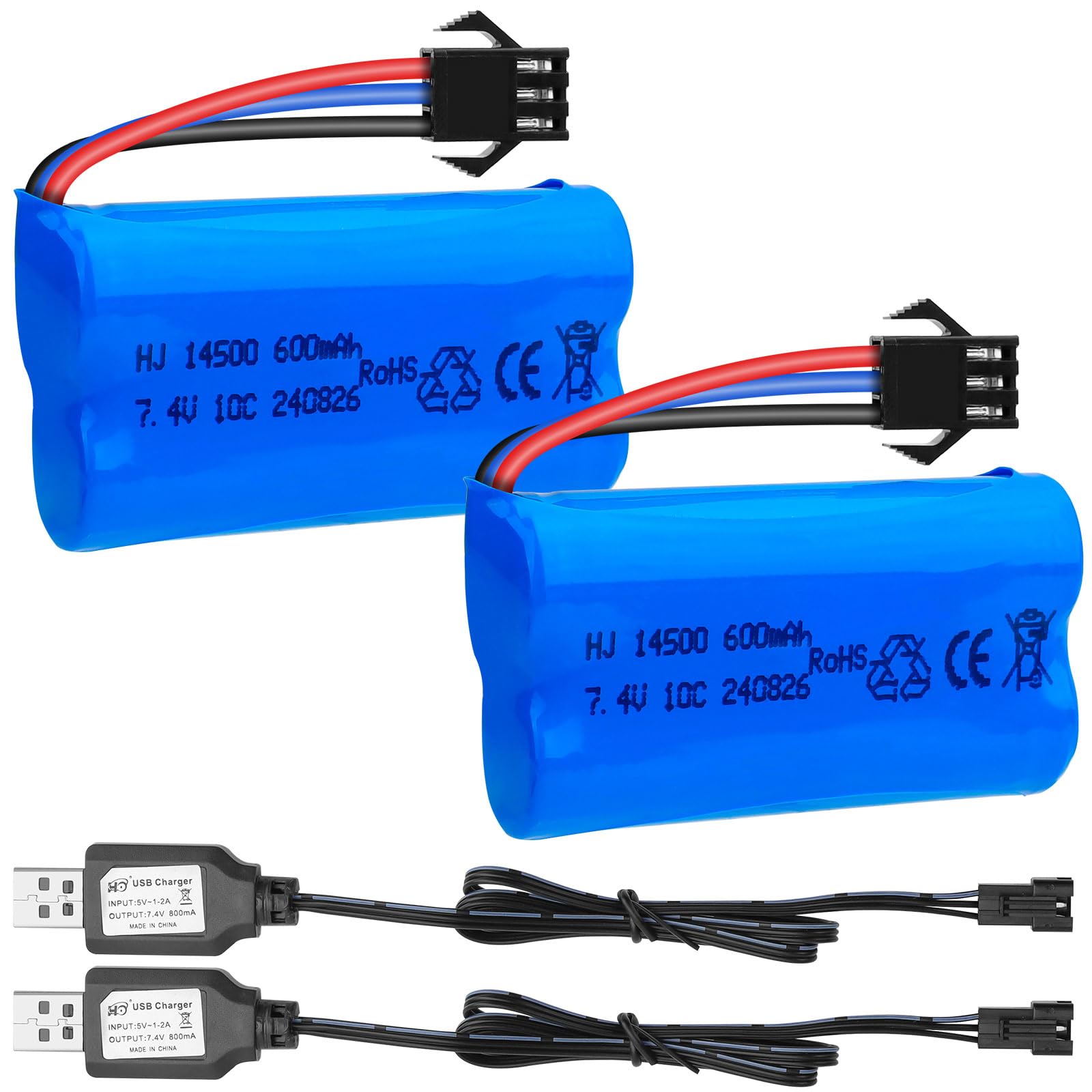 Crazepony 7.4V 600mAh Li-ion Battery 2PCS 2S Rechargeable Battery with SM-3P Plug and USB Charger Cable for G03060R New Version Amphibious RC Trucks G20601 TK3086B DE82 RC Toy RC Car