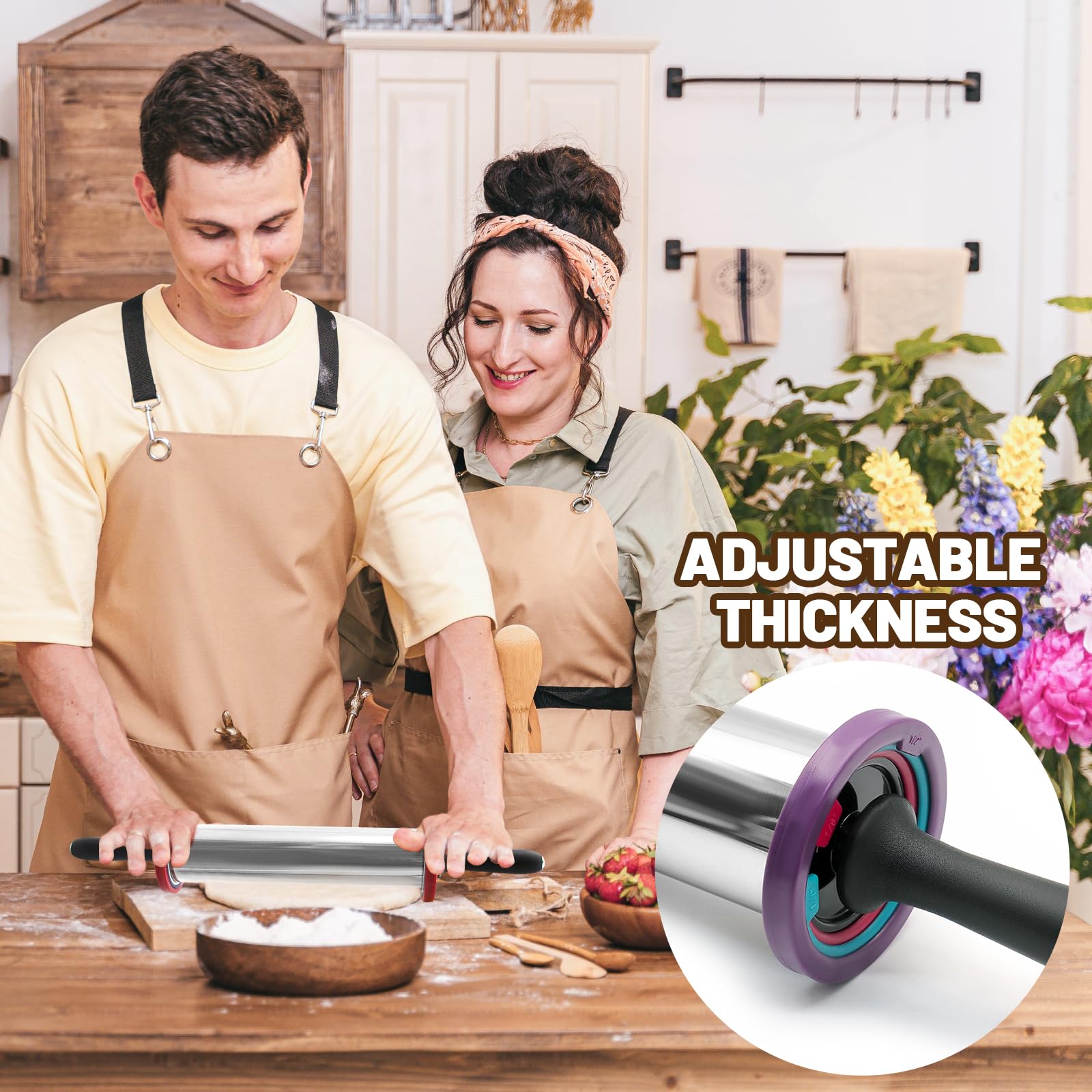 Nudelholz, Nudelholz und Silikon-Backmatte, Nudelholz, verstellbares Nudelholz aus Edelstahl mit dicken Ringen zum Backen von Teig, Pizza, Kuchen, Nudeln