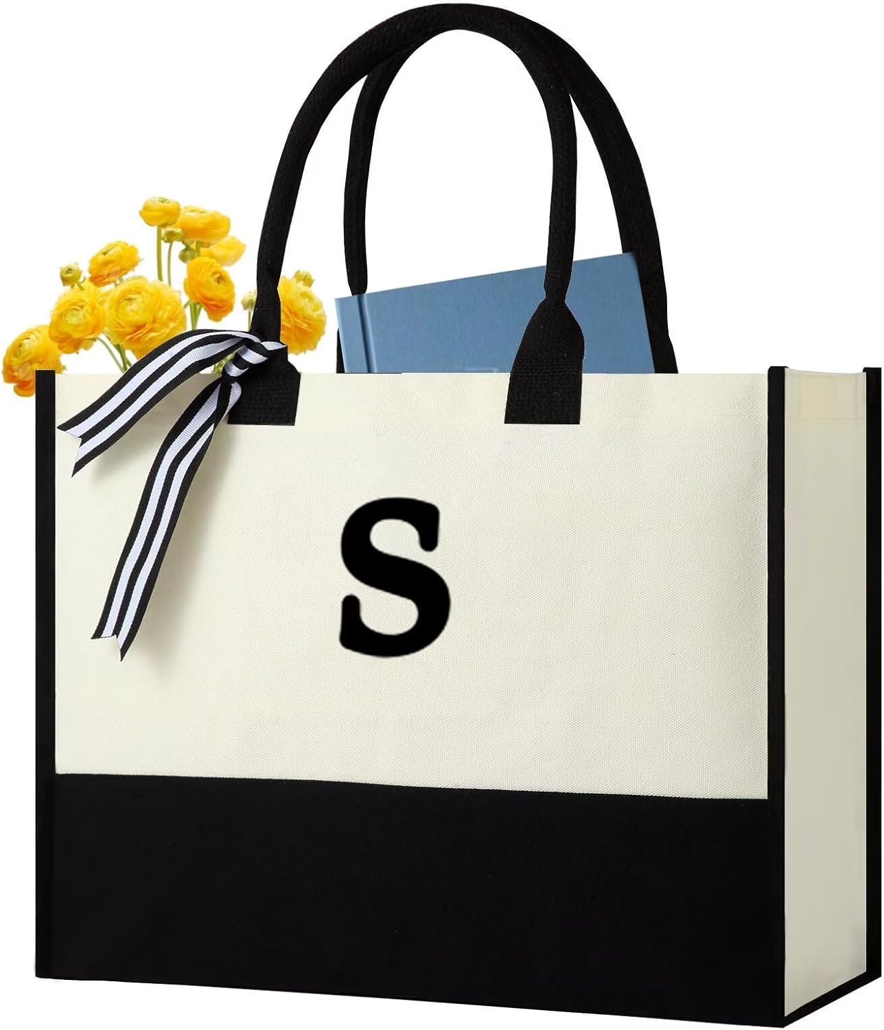 Personalized Canvas Initial Tote Bags,Embroidery Monogram with Leather Handle,Present Suitable for Mom,Wedding,Beach