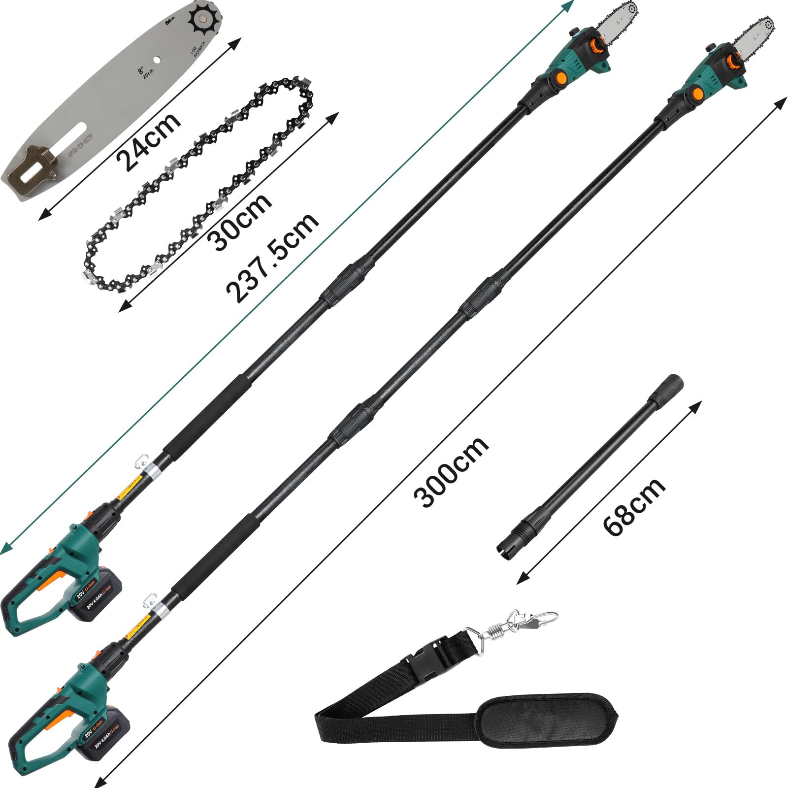 Élagueur sur Perche sans Fil, Perches Élagueuses, Batterie Li-Ion 20 V 4,0Ah/Chargeur, Lame de 24 cm, Vitesse de Chaîne 5 m/s, avec Extension de 68cm & Bandoulière, Tête Inclinable à 30°, Portée 3 m