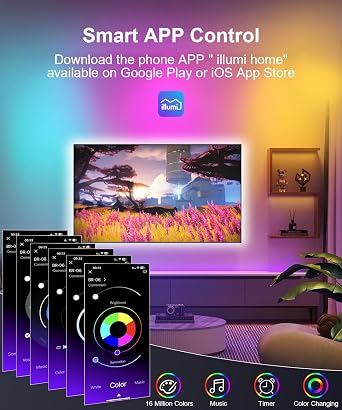 Mexllex 5M RGB LED TV Backlight, 16.4ft for 55-75 Inch, App & Remote Control, Music Sync, Indoor Use