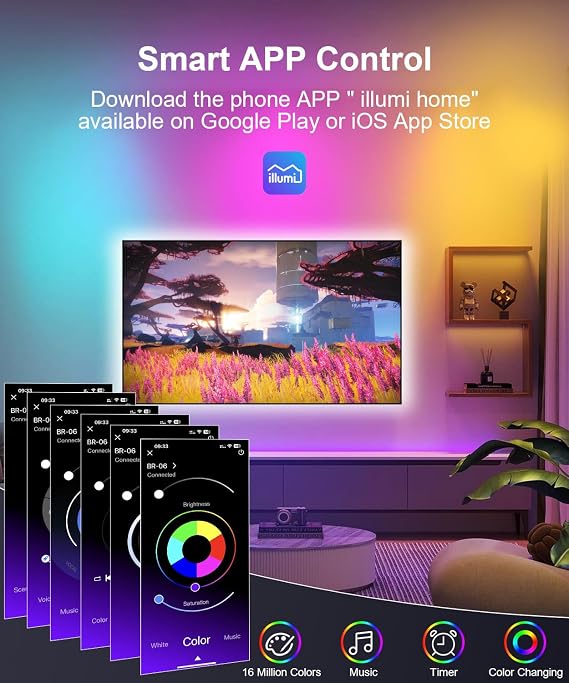 Mexllex 5M RGB LED TV Backlight, 16.4ft for 55-75 Inch, App & Remote Control, Music Sync, Indoor Use